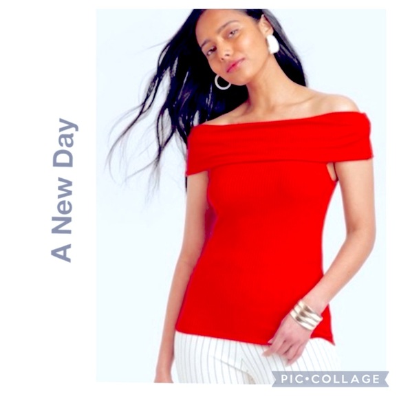 NEW A NEW DAY RIBBED SLIM FIT RAYON BLEND OFF SHOULDER TOP HOLIDAY RED - Picture 1 of 5